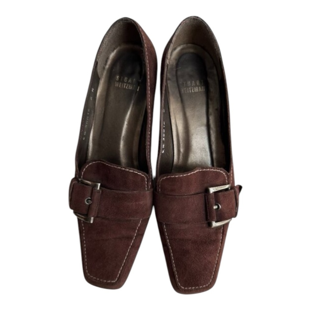 Stuart Weitzman Brown Suede Loafers Silver Buckle Kitten Heel Pumps Size 7.5 M - Picture 1 of 14